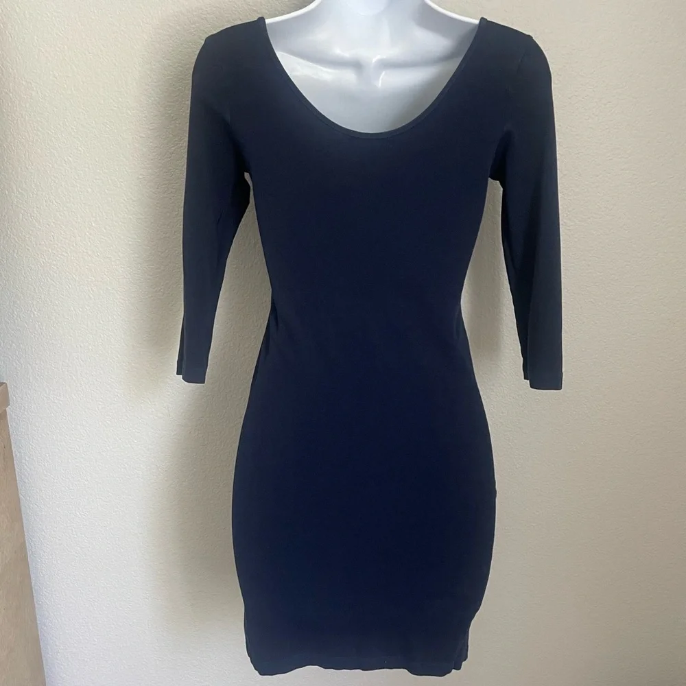 Forever 21 Navy Blue Bodycon Mini Dress Scoop  3/4 Sleeve Stretchy Cotton Blend - Picture 6 of 8